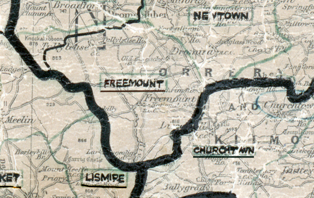 A scanned, worn historical map from the 1940s of the  rural electrification area around Freemount. A hand‑drawn boundary outlines the region, including Newtown, Lismire and Churchtown.
