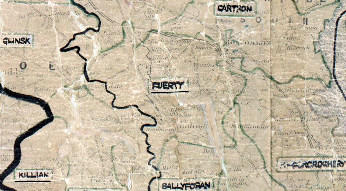 A scanned, worn historical map from the 1940s of the  rural electrification area around Fuerty. A hand‑drawn boundary outlines the region, including Cartron, Glinsk, Ballyforan and Killian.