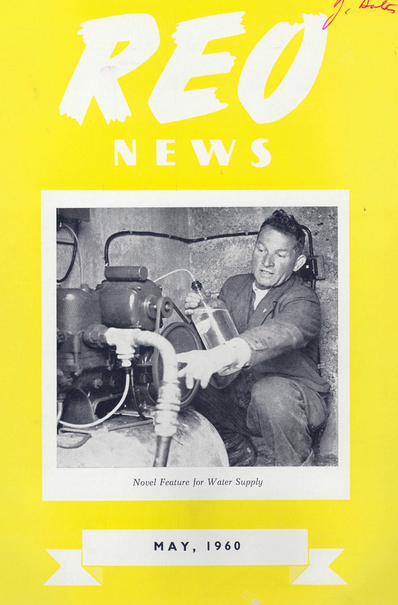 Cover of REO News, May 1960, featuring a photograph of a person operating water supply pumping equipment.