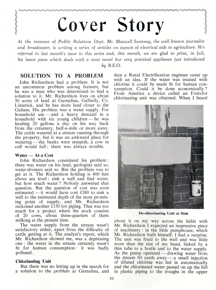 Article about a farm water supply system, featuring a photograph of a sink fitted with a chlorinating unit used to treat water for domestic use.