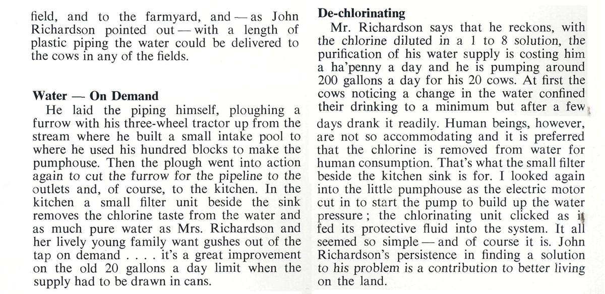 Article continuation describing a farm water supply system that uses chlorination and de-chlorination equipment to provide safe drinking water for household and livestock use.