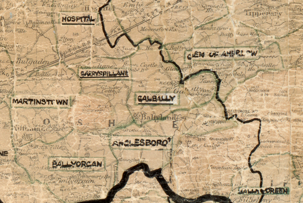 Map extract showing rural electrification areas in County Limerick, including Hospital, Emly, Galbally, Anglesboro, Ballyorgan and Martinstown.