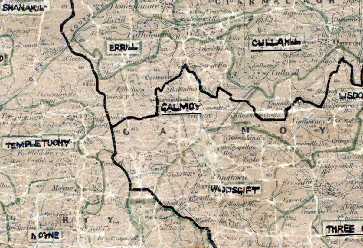 A scanned, worn historical map from the 1940s of the rural electrification area around Galmoy. A hand‑drawn boundary outlines the region, including Errill, Culahill, Templetuohy, and Woodsgift.