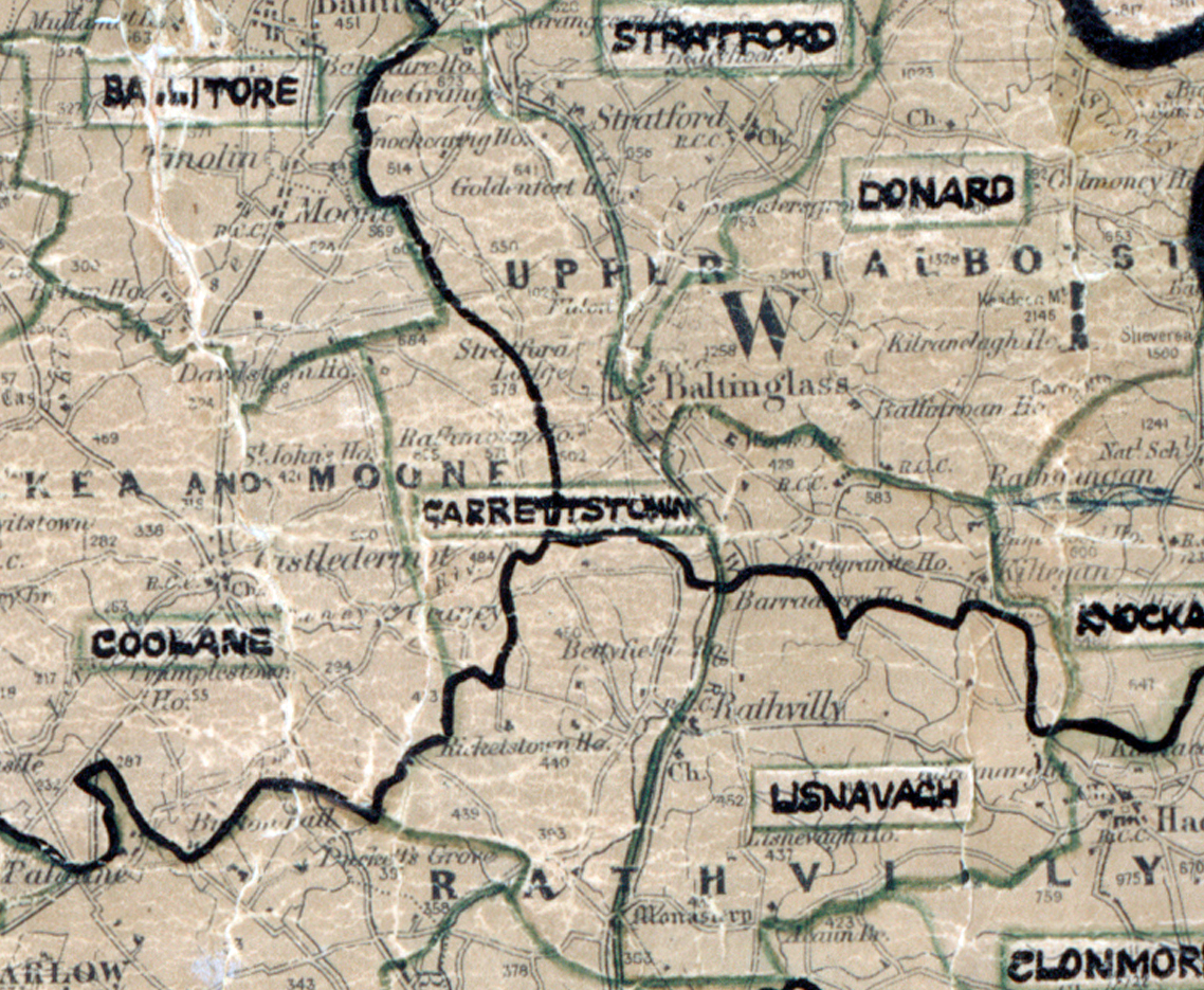 A scanned, worn historical map from the 1940s of the  rural electrification area around Garrettstown. A hand‑drawn boundary outlines the region, including Stratford, Baltimore, Coolane, Donard, Lisnavagh, and Elonmor.