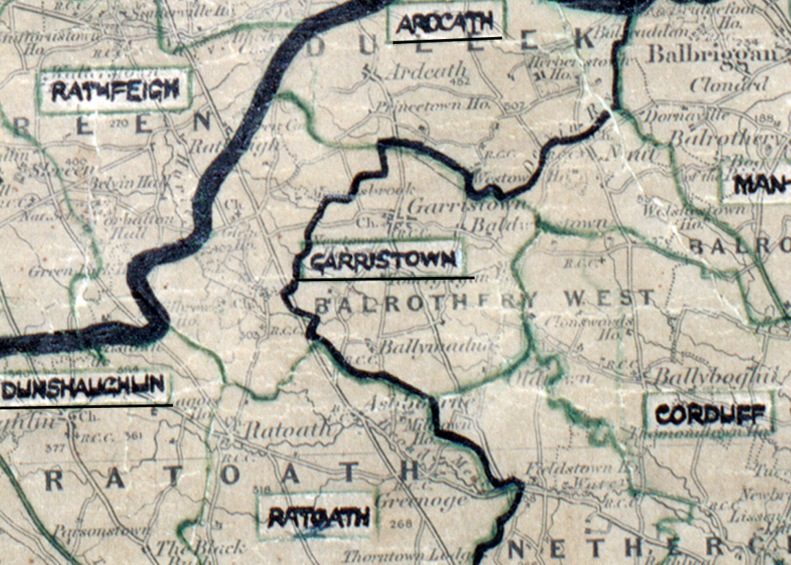 A scanned, worn historical map from the 1940s of the rural electrification area around Garristown. A hand‑drawn boundary outlines the region, including Corduff, Rathoath, Rathfeign and Ardcath.