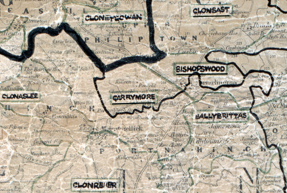 A scanned, worn historical map from the 1940s of the  rural electrification area around Garrymore. A hand‑drawn boundary outlines the region, including Stratford, Clonetowan, Clonsast, Clonaslee, Ballybrittas  and Clonreier.
