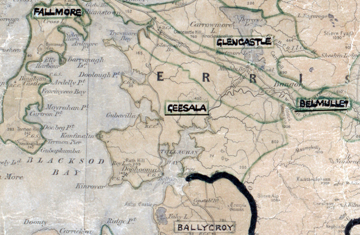 A scanned, worn historical map from the 1940s of the rural electrification area around Geesala. A hand‑drawn boundary outlines the region, including Fallmore, Glencastle, Belmullet, and Ballycroy.