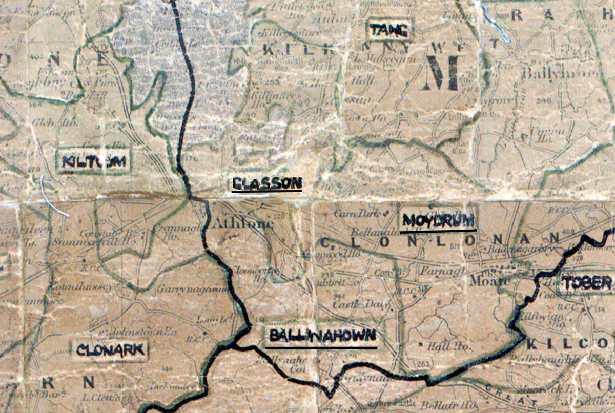 A scanned, worn historical map from the 1940s of the rural electrification area around Glasson. A hand-drawn boundary outlines the region.
