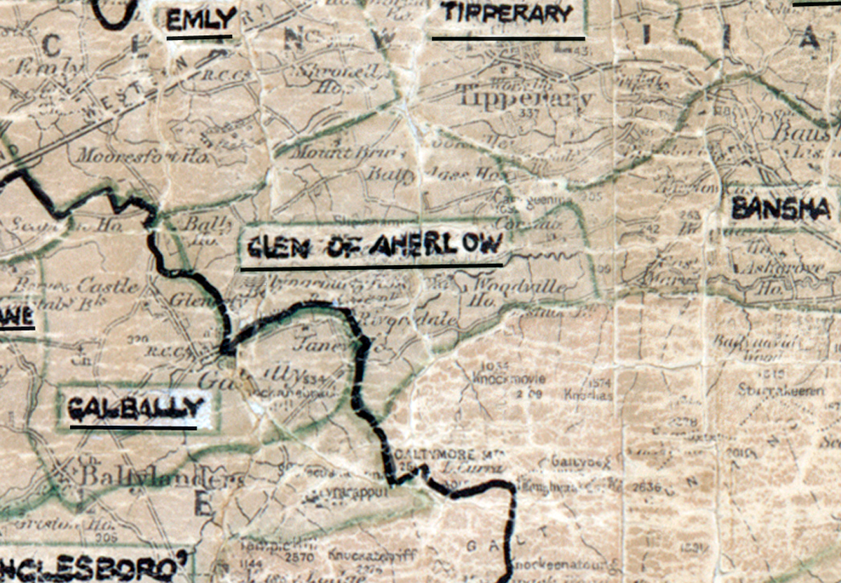 A scanned, worn historical map from the 1940s of the rural electrification area around Glen of Aherlow. A hand‑drawn boundary outlines the region, including Emly, Tipperary, Bansha, and Galbally.
