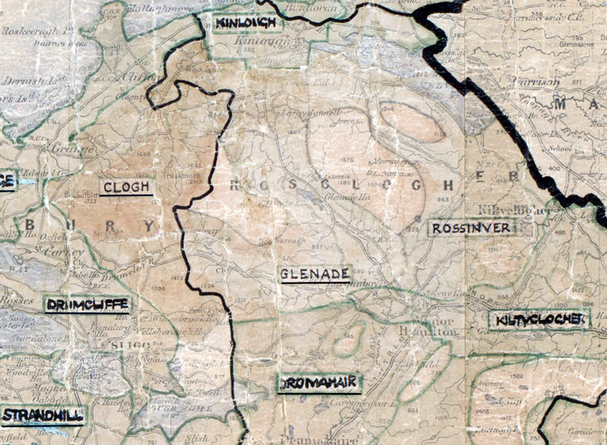 A scanned, worn historical map from the 1940s of the rural electrification area around Glenade. A hand‑drawn boundary outlines the region, including Kinloich, Clogh, Rossinver, Drumcliffe, Kiltyclogher, Dromahair, and Strandhill.