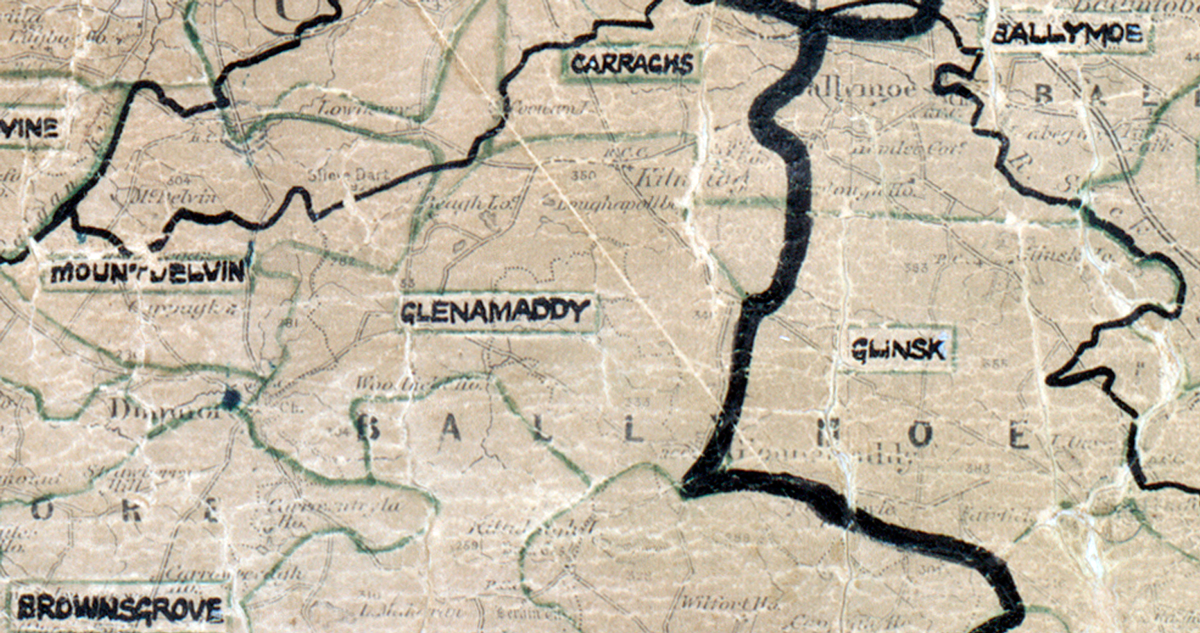 A scanned, worn historical map from the 1940s of the rural electrification area around Glenmaddy. A hand-drawn boundary outlines the region.