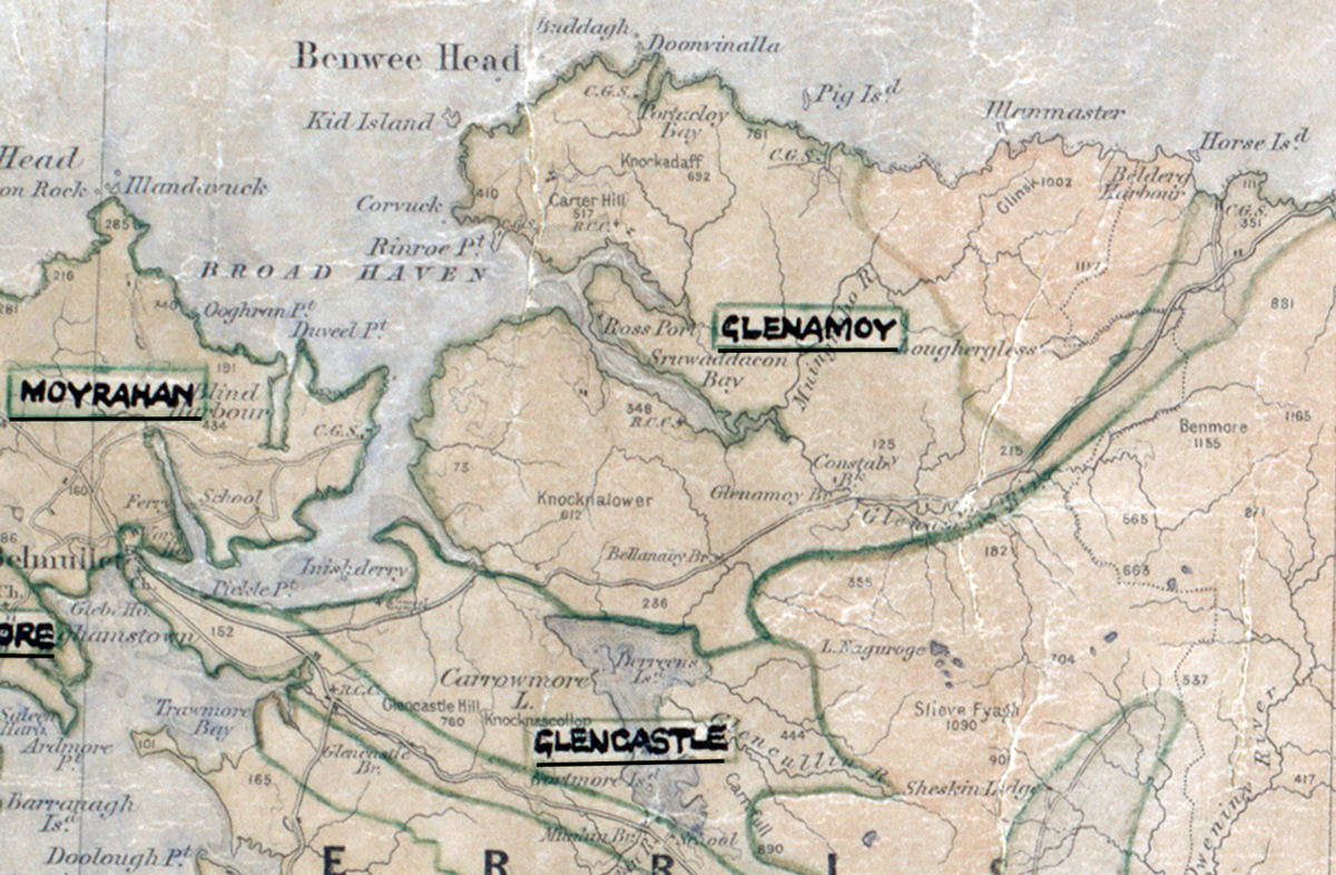 A scanned, worn historical map from the 1940s of the rural electrification area around Glenamoy. A hand‑drawn boundary outlines the region, including Moyrahan, and Glencastle.