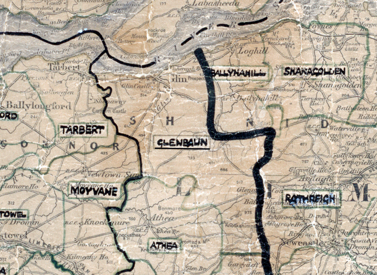 A scanned, worn historical map from the 1940s of the rural electrification area around Glenbaun. A hand-drawn boundary outlines the region.