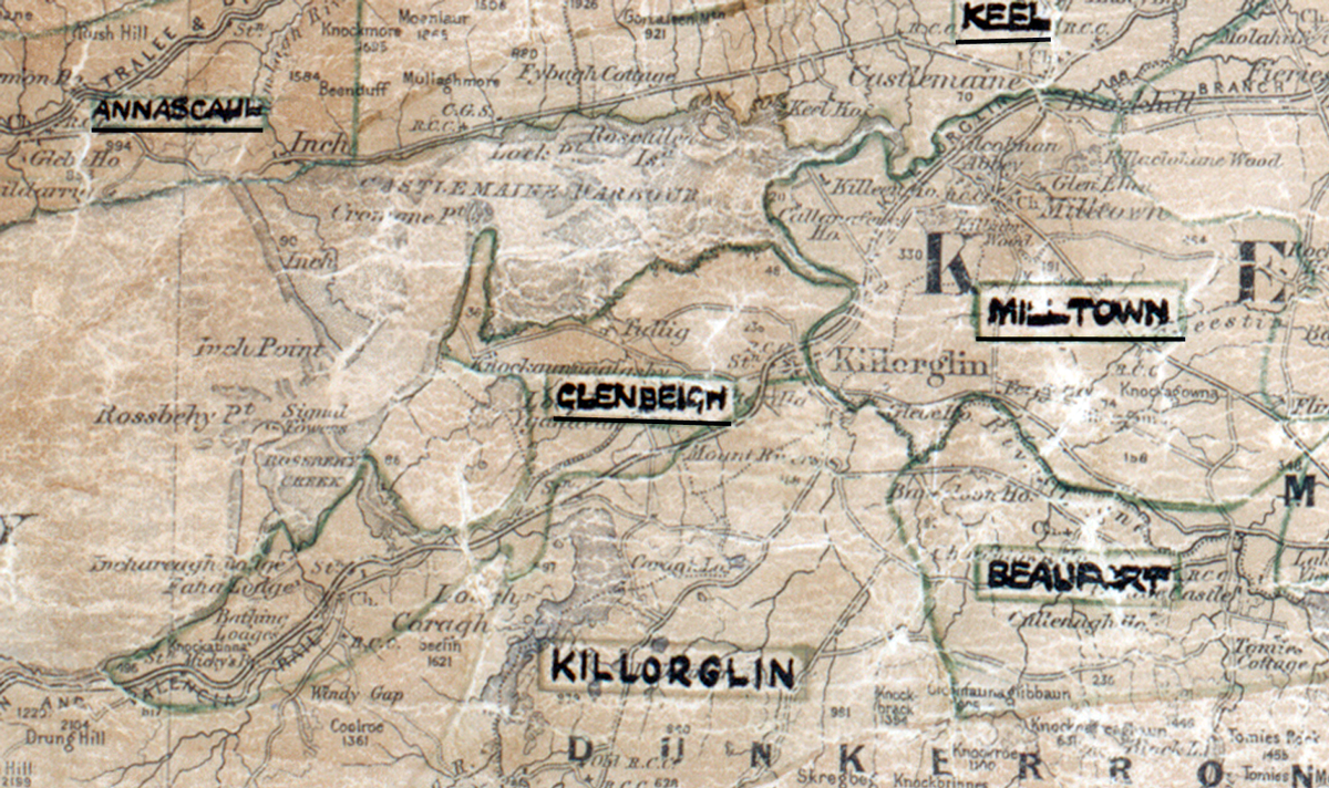 A scanned, worn historical map from the 1940s of the  rural electrification area around Glenbeigh. A hand‑drawn boundary outlines the region, including Keel, Annascaul, Milltown, Killirglin and Beaufort.