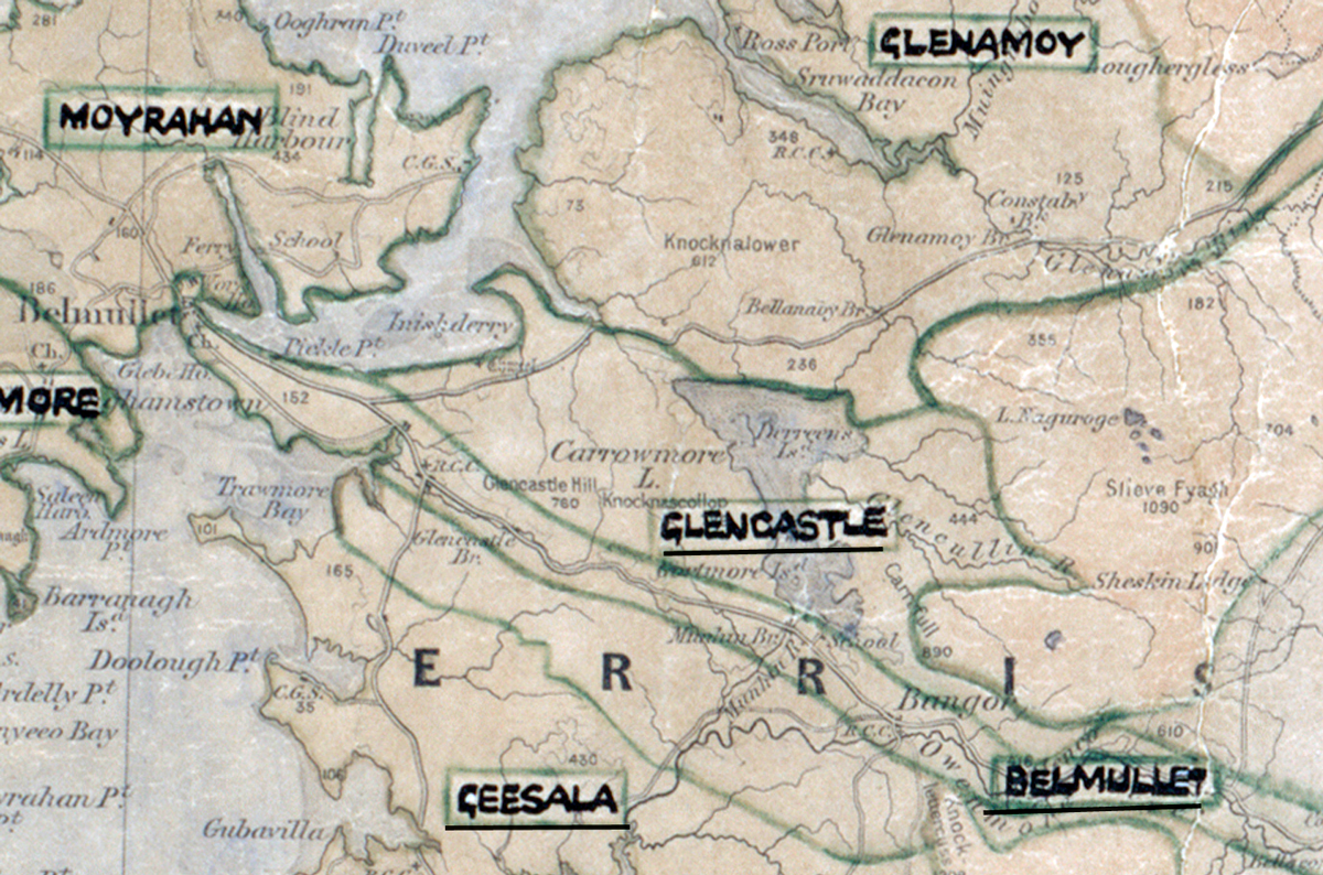 A scanned, worn historical map from the 1940s of the rural electrification area around Glencastle. A hand‑drawn boundary outlines the region, including Moyrahan, Glenamoy, Geesala, and Belmullet.