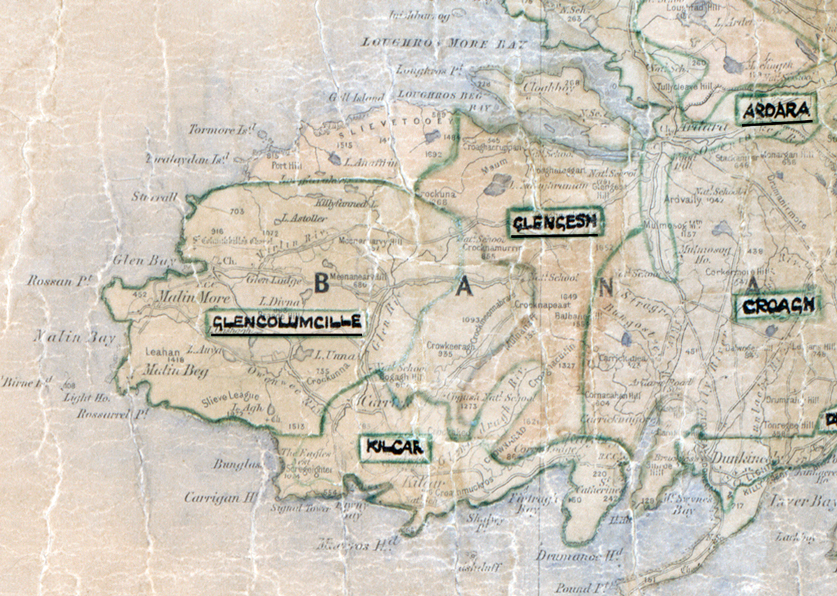 A scanned, worn historical map from the 1940s of the rural electrification area around Glencolmcille. A hand-drawn boundary outlines the region.