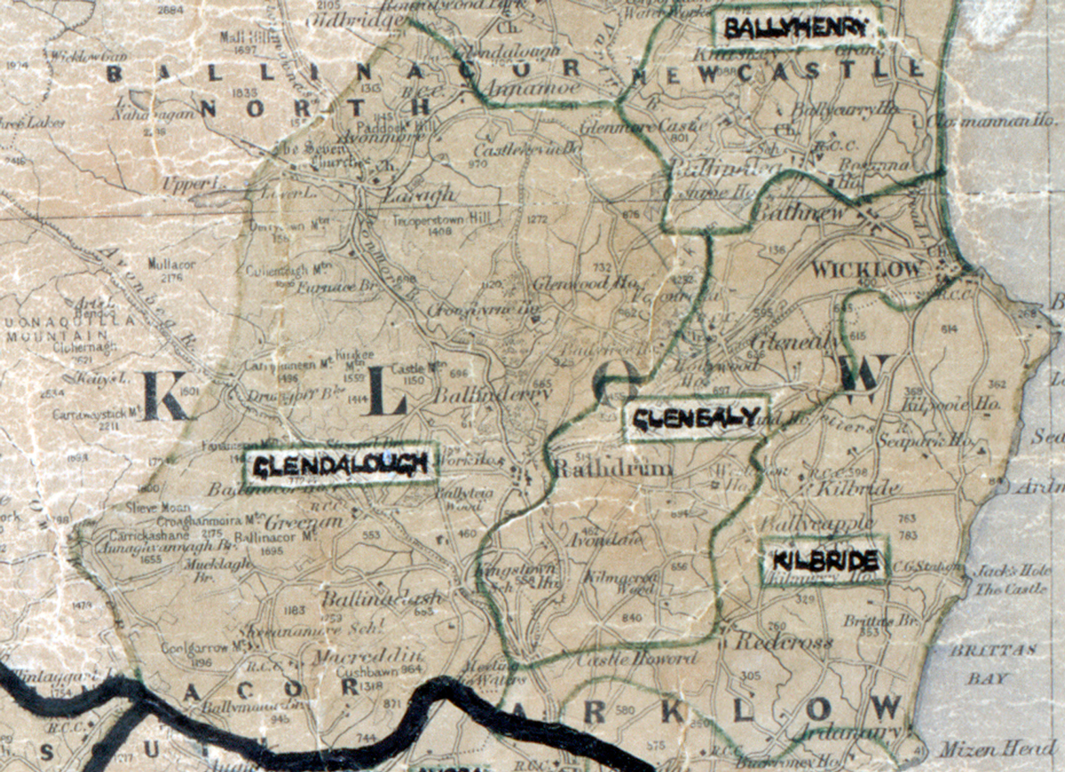 A scanned, worn historical map from the 1940s of the rural electrification area around Glendalough. A hand‑drawn boundary outlines the region, including Kilbride, Glenealy and Ballyhenry.