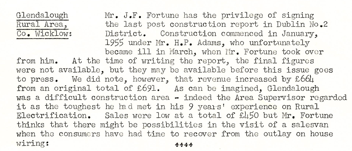 A scanned page from the ESB REO magazine about the Glendalough Rural Area, outlining 1955–56 construction progress, difficulties reported by the area supervisor, and notes on revenue increases and low sales during the rural electrification scheme.