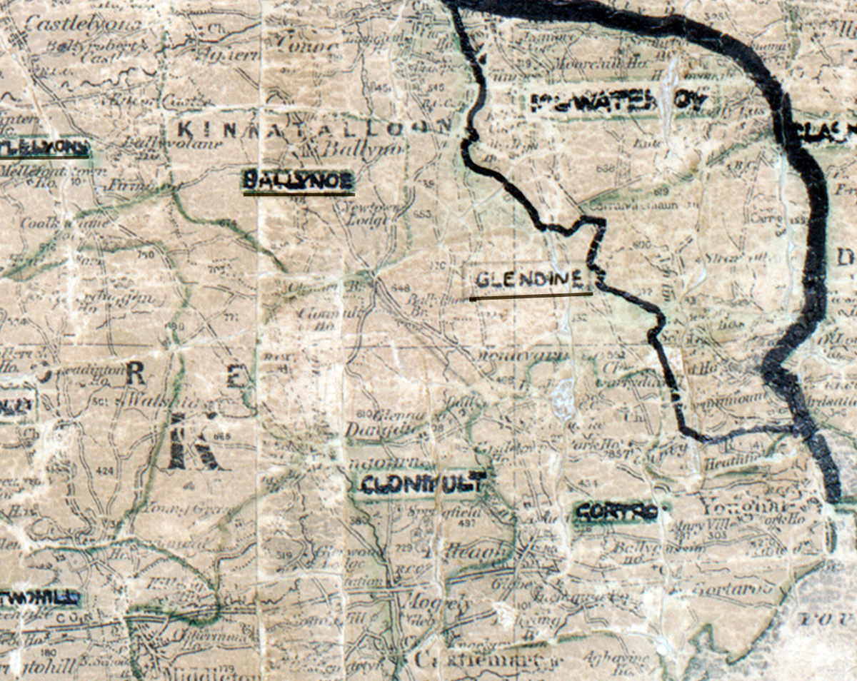 A scanned, worn historical map from the 1940s of the  rural electrification area around Glendine. A hand‑drawn boundary outlines the region, including Clonmult, Gortroe and Ballynoe.
