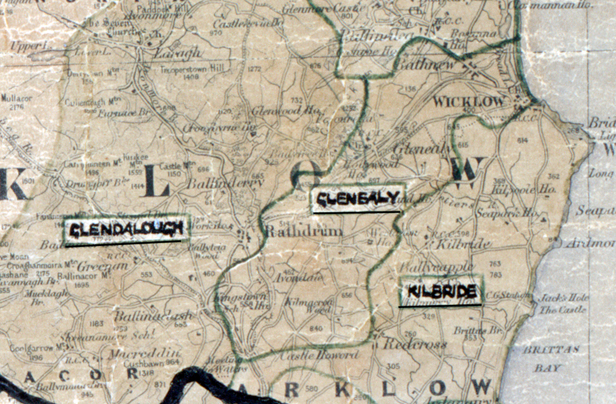 A scanned, worn historical map from the 1940s of the rural electrification area around Glenealy. A hand‑drawn boundary outlines the region, including Glendalough, and Kilbride.