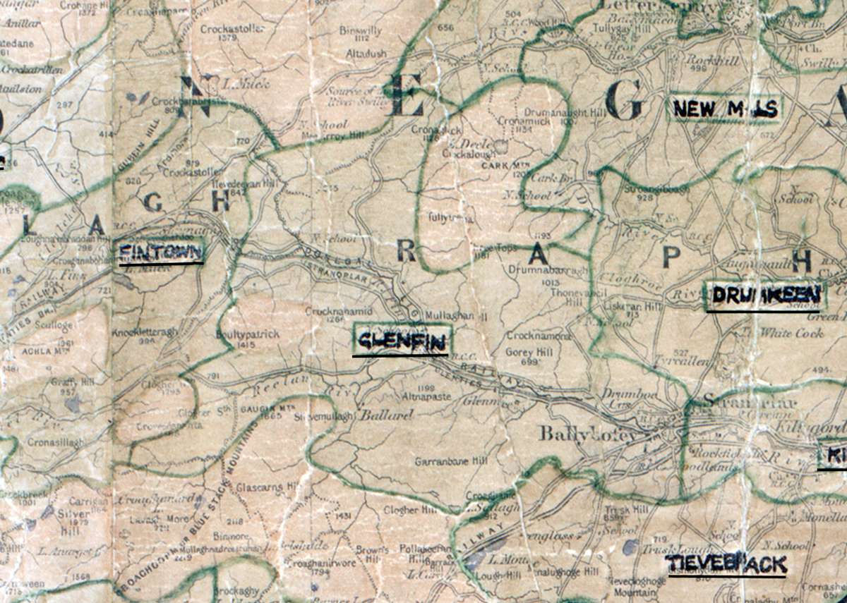 A scanned, worn historical map from the 1940s of the  rural electrification area around Glenfin. A  hand‑drawn boundary outlines the region.