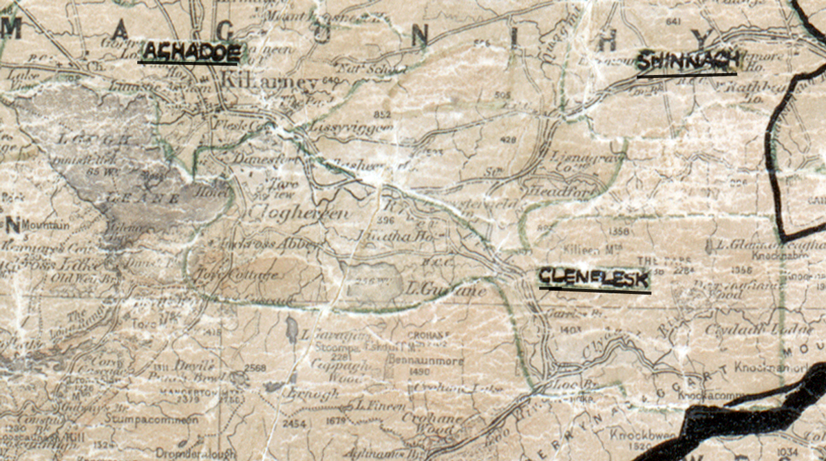 A scanned, worn historical map from the 1940s of the  rural electrification area around Glenflesk. A hand‑drawn boundary outlines the region, including Aghadoe and Shinnagh.