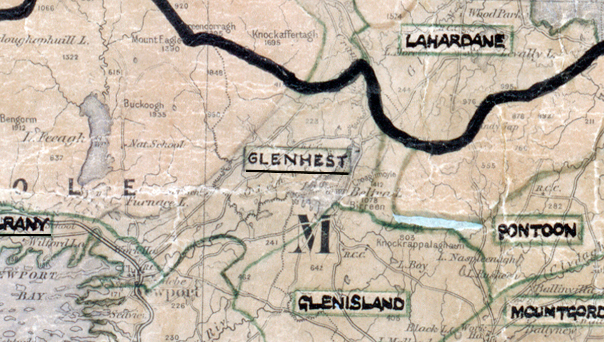 A scanned, worn historical map from the 1940s of the rural electrification area around Glenhest. A hand‑drawn boundary outlines the region, including Lahardane, Pontoon, Glenisland, and Mountgort.