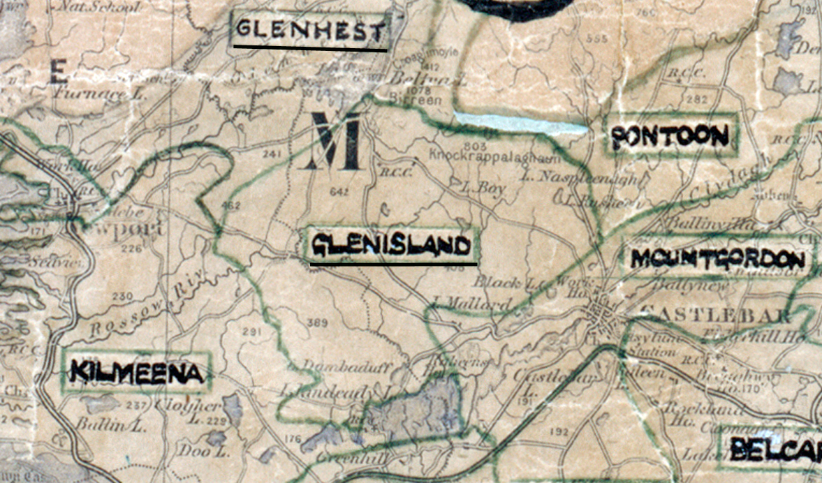 A scanned, worn historical map from the 1940s of the  rural electrification area around Glenisland. A hand‑drawn boundary outlines the region, including Glenhest, Pontoon, Kilmeena, Mountgordon and Belcarra.