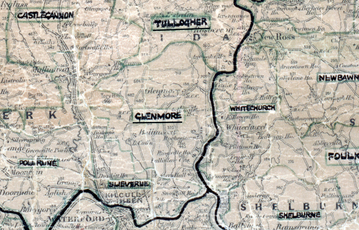 A scanned, worn historical map from the 1940s of the rural electrification area around Glenmore. A hand‑drawn boundary outlines the region, including Castlecannon, Tullogher, Slieverue, Whitechurch, Newbawn, and Shelburne.