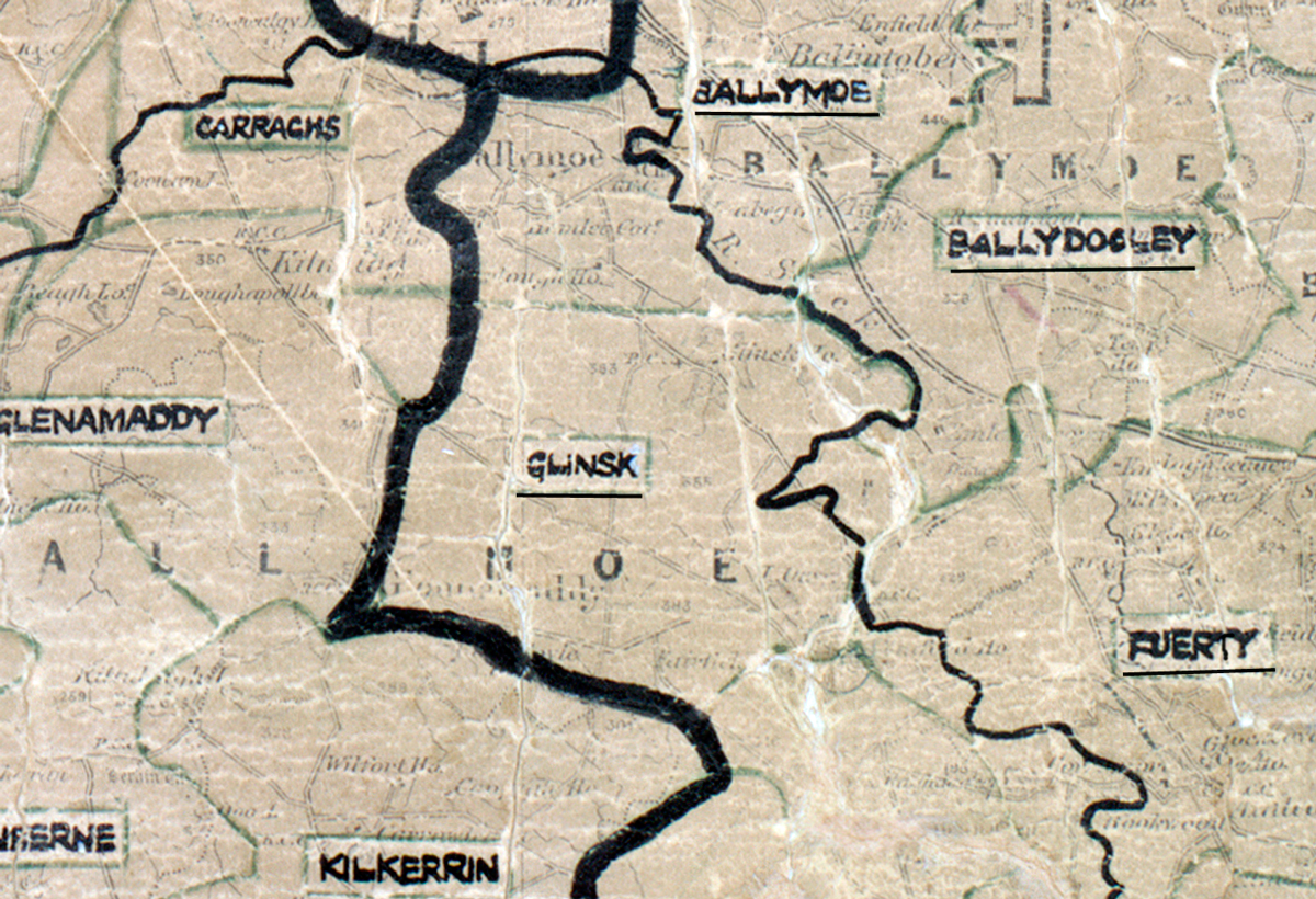 A scanned, worn historical map from the 1940s of the  rural electrification area around Glinsk. A hand‑drawn boundary outlines the region, including Carraghs, Glenamaddy, Ballymoe, Ballydooley, Fuerty and Kilkerrin.