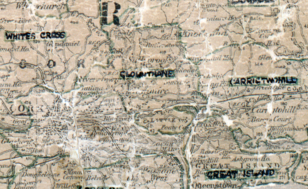 A scanned, worn historical map from the 1940s of the  rural electrification area around Glounthane. A hand‑drawn boundary outlines the region, including White Cross, Carrigtwohill and Great Island.