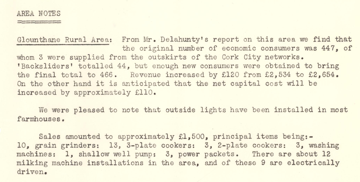 A scanned page from the ESB REO magazine about the Glounthane Rural Area.