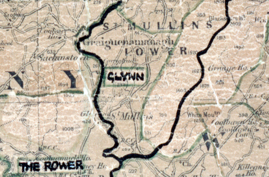 A scanned, worn historical map from the 1940s of the  	rural electrification area around Glynn. A hand‑drawn boundary outlines the region, including The power..