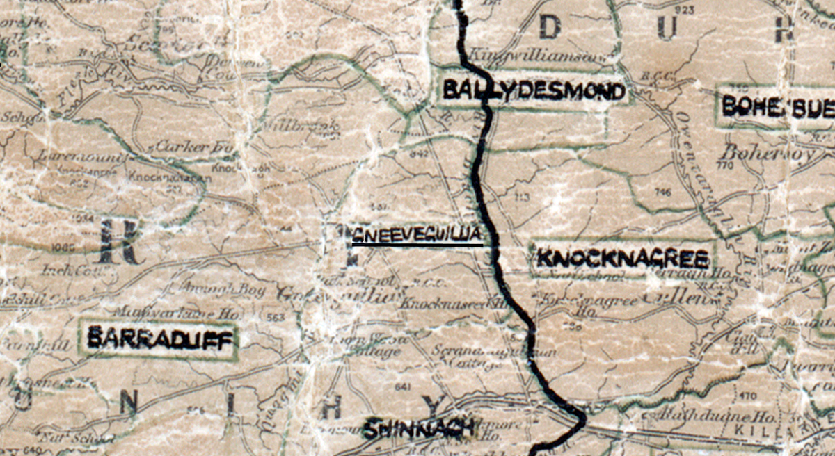 A scanned, worn historical map from the 1940s of the  	rural electrification area around Gneeveguilla. A hand‑drawn boundary outlines the region, including Barraduff, Ballydesmond, Bohebue, Shinnach and Knocknagree.