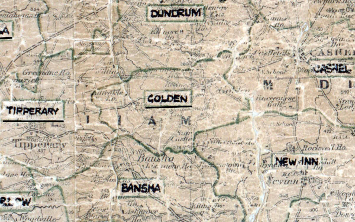 A scanned, worn historical map from the 1940s of the rural electrification area around Golden. A hand‑drawn boundary outlines the region, including Dundrum, Cashel, New Inn, and Bansha.