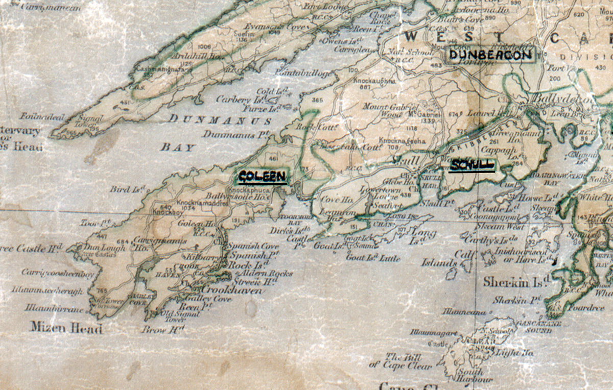 A scanned, worn historical map from the 1940s of the  rural electrification area around Goleen. A hand‑drawn boundary outlines the region, including Dunbeacon and Schull.