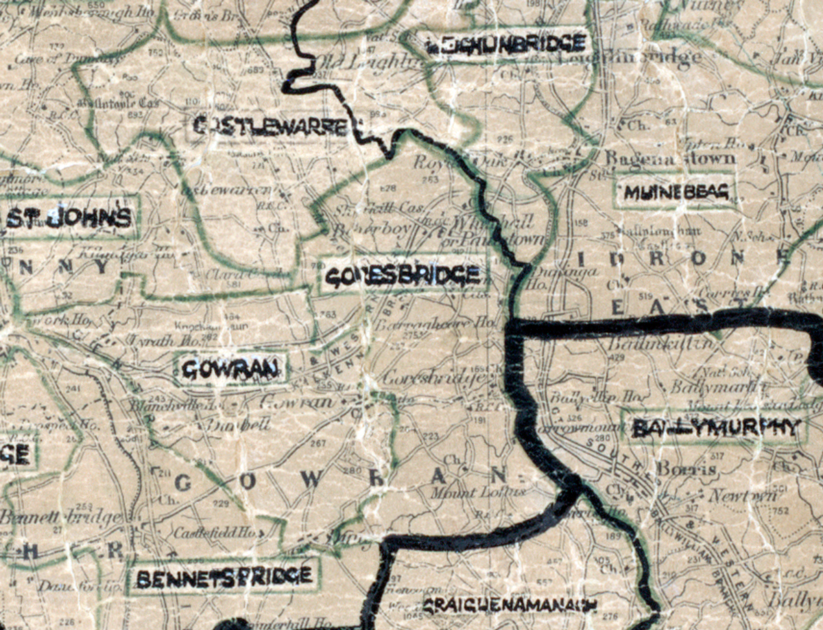 A scanned, worn historical map from the 1940s of the rural electrification area around Goresbridge. A hand‑drawn boundary outlines the region, including St. Johns, Castlewarren, Gowran, Bennettsbridge, Ballymurphy, and Graiguenamanagh.