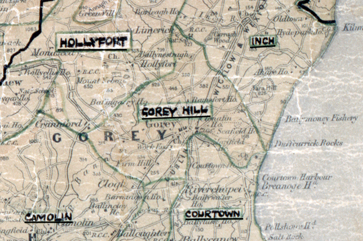 A scanned, worn historical map from the 1940s of the rural electrification area around Gorey Hill. A hand‑drawn boundary outlines the region, including Courtown, Inch and Hollyfort.