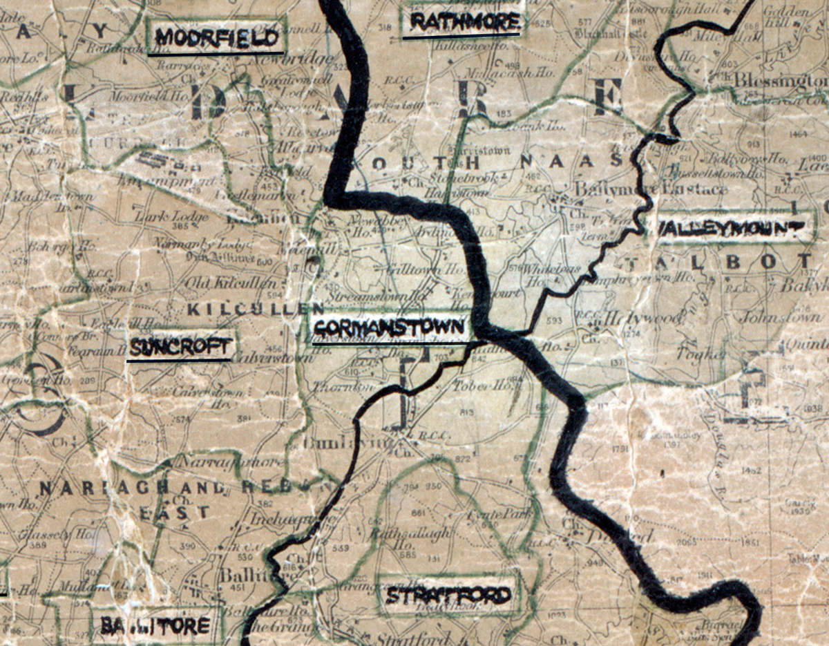 A scanned, worn historical map from the 1940s of the rural electrification area around Gormanstown. A hand‑drawn boundary outlines the region, including Suncroft, Stratford and Rathmore.