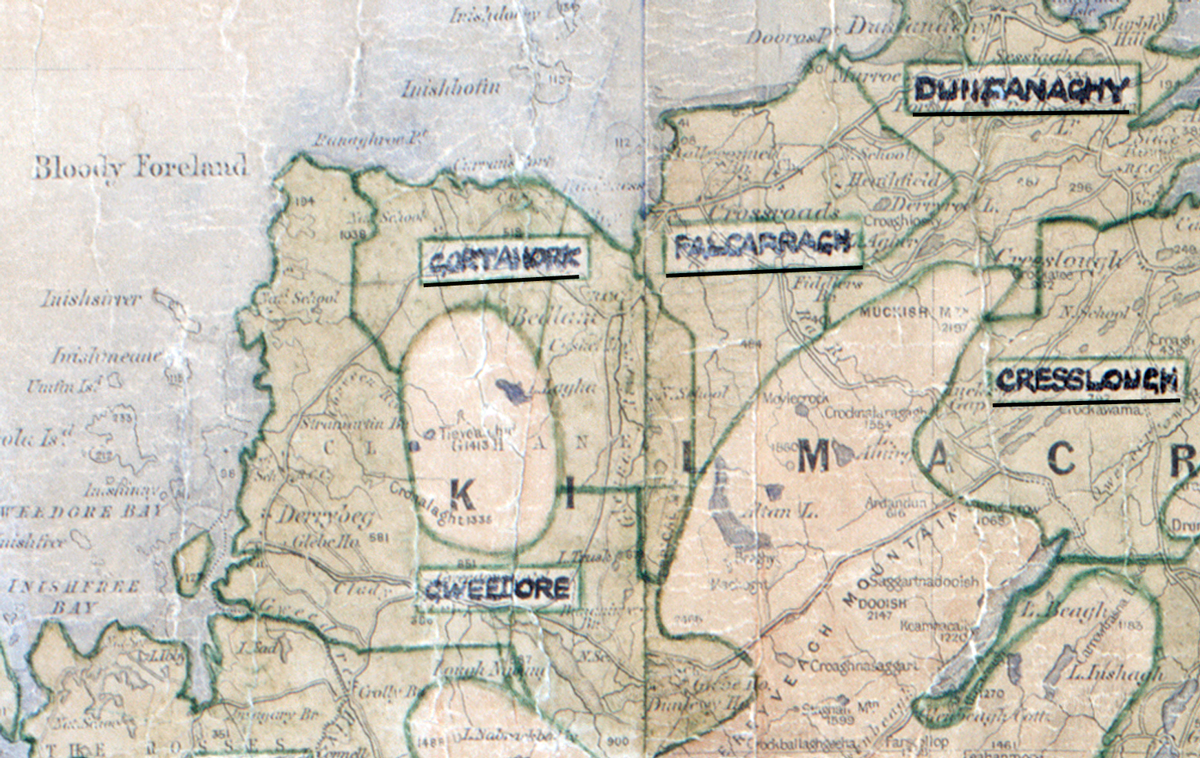 A scanned, worn historical map from the 1940s of the rural electrification area around Gortahork. A hand-drawn boundary outlines the region.