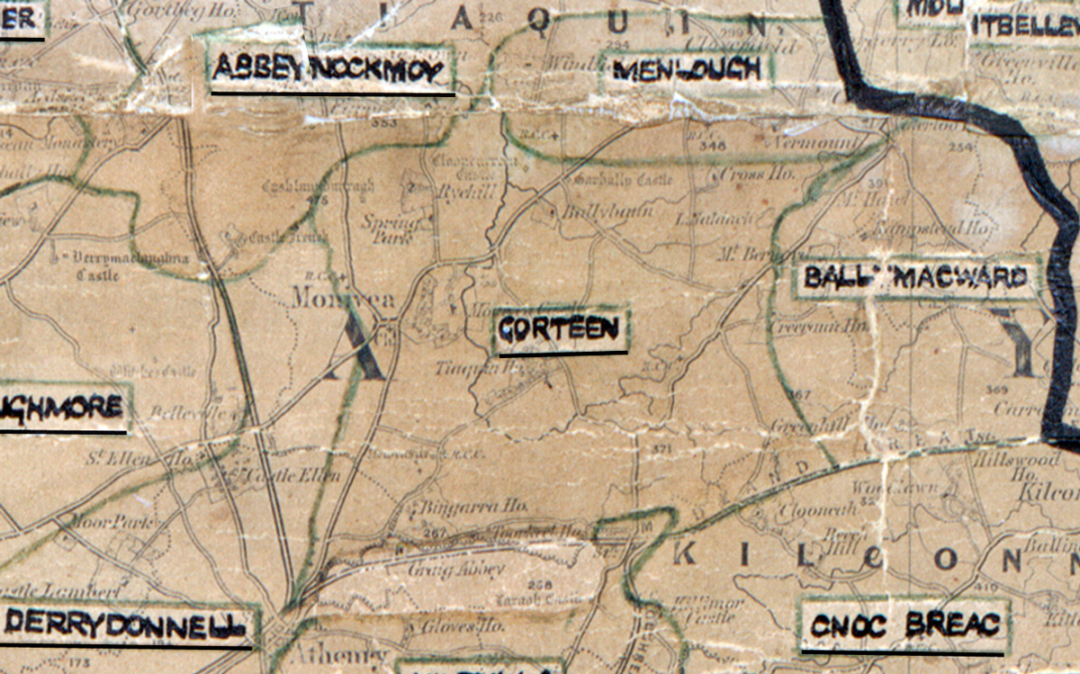 A scanned, worn historical map from the 1940s of the rural electrification area around Gorten. A hand-drawn boundary outlines the region.
