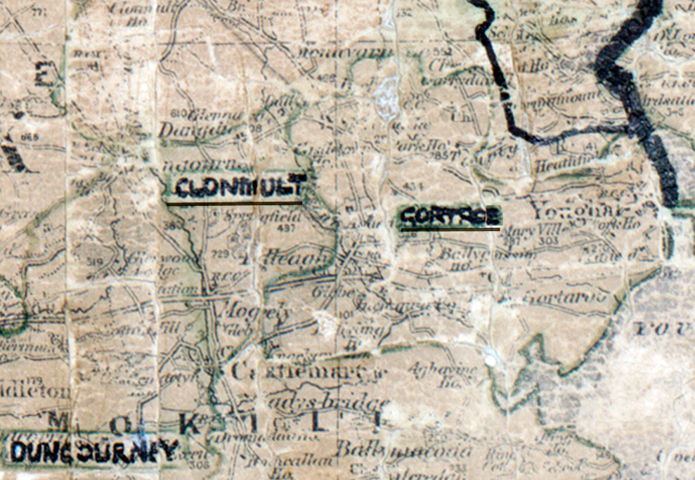 A scanned, worn historical map from the 1940s of the  rural electrification area around Gortroe. A hand‑drawn boundary outlines the region, including Clonmult and Dungourmey.
