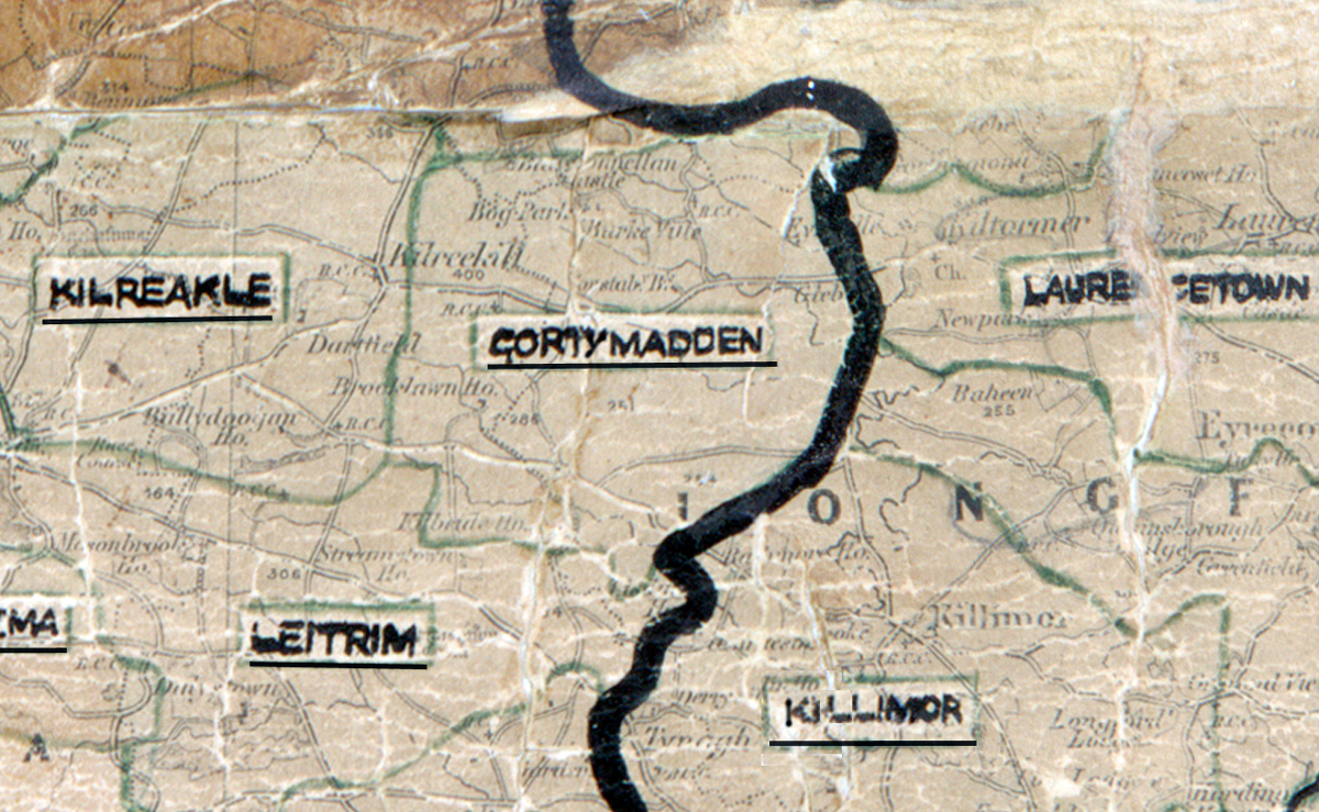 A scanned, worn historical map from the 1940s of the rural electrification area around Gortymadden, . A hand‑drawn boundary outlines the region, including Kilreagle, Laureltown, Leitrim, and Killimor.