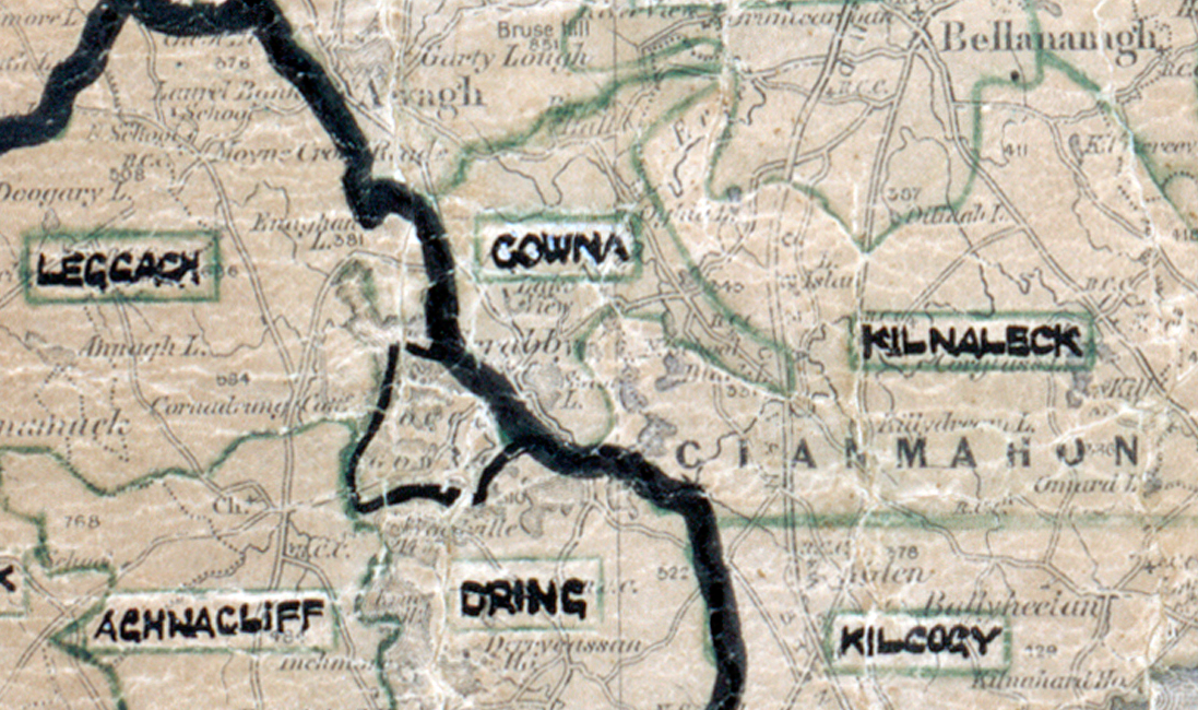 A scanned, worn historical map from the 1940s of the rural electrification area around Gowna. A hand‑drawn boundary outlines the region, including Leggacy, Kilnaleck, Dring, Kilcogy, and Aghnacliff.