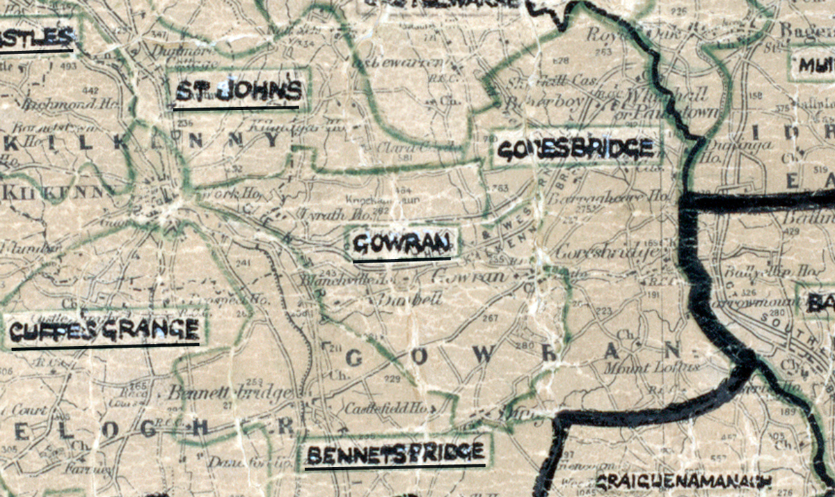 A scanned, worn historical map from the 1940s of the rural electrification area around  Gowran. A hand‑drawn boundary outlines the region, including St. Johns, Goresbridge, Cuffesgrange, Bennettsbridge, and Raiglenamanagh.