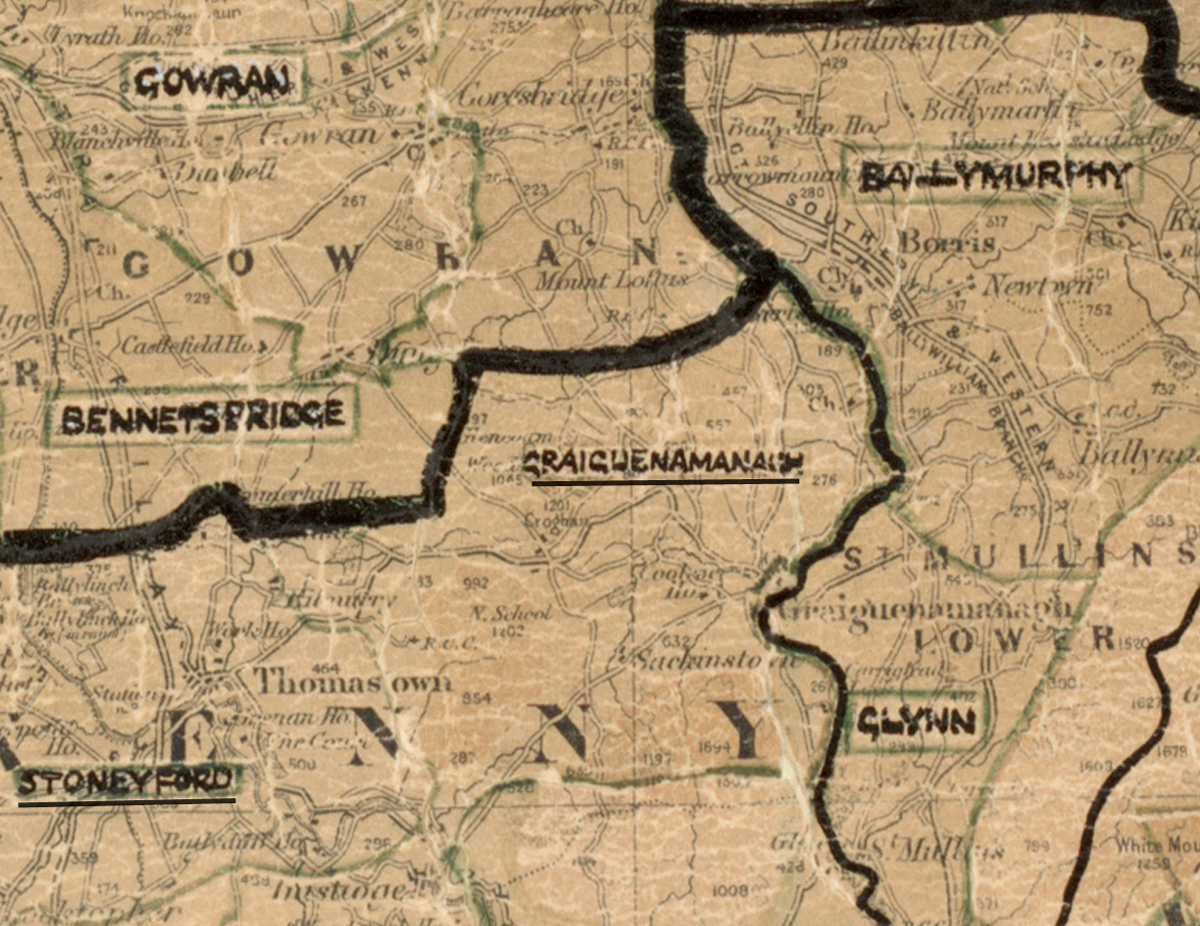 A scanned, worn historical map from the 1940s of the rural electrification area around Graiguenamanag. A hand‑drawn boundary outlines the region, including Gowran, Bennettsbridge, Stoneyford, Ballymurphy, and Glynn.