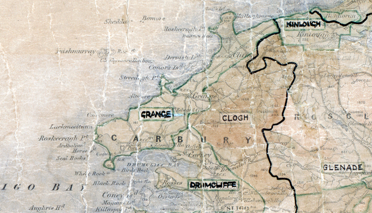 A scanned, worn historical map from the 1940s of the  rural electrification area around Grange. A hand‑drawn boundary outlines the region, including Kinloigh, Clogh, Glenade and Drumcliffe.