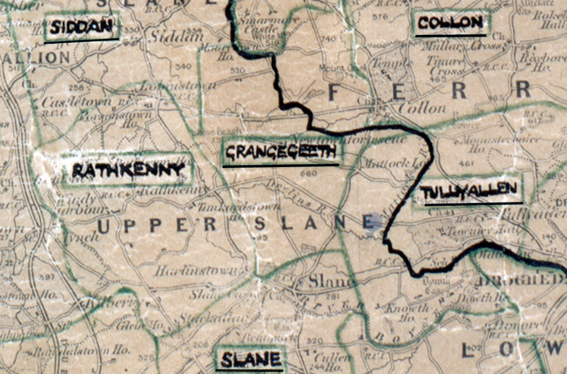 A scanned, worn historical map from the 1940s of the  rural electrification area around Grangegeeth. A hand‑drawn boundary outlines the region, including Siddan, Rathkenny, Collon, Tullyallen and Slane.