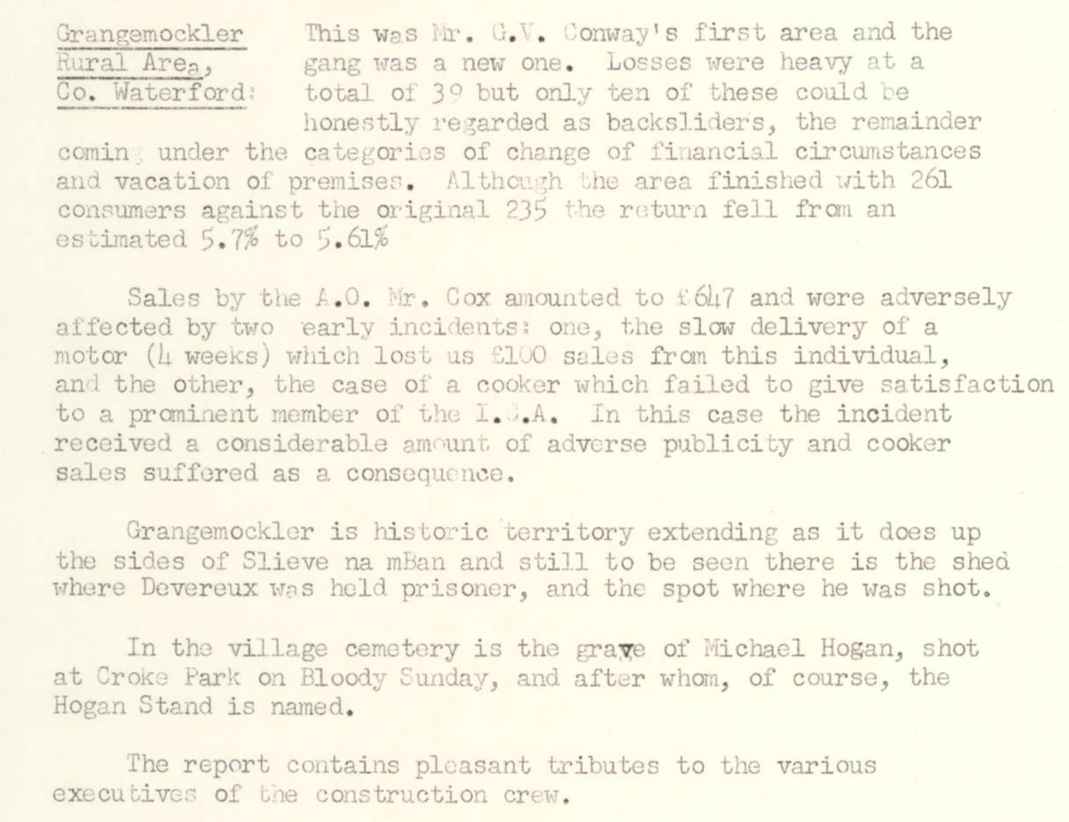A scanned page from the ESB REO magazine about the Grangemockler Rural Area