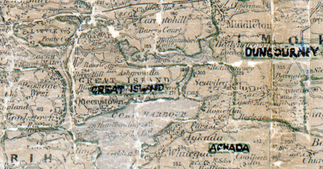 A scanned, worn historical map from the 1940s of the  	rural electrification area around Great Island. A hand‑drawn boundary outlines the region, including Dungourney and Aghada.